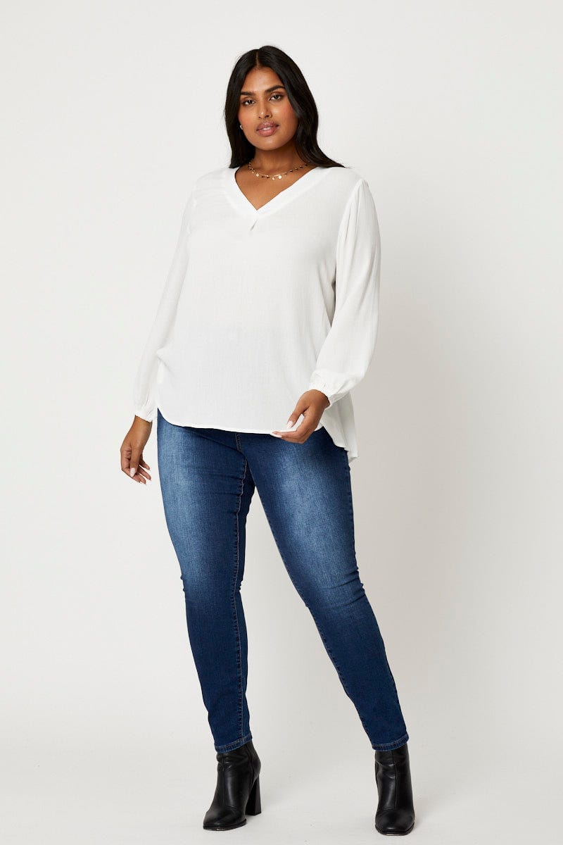 White Plus V-Neck Long Sleeve Top For Women By You And All