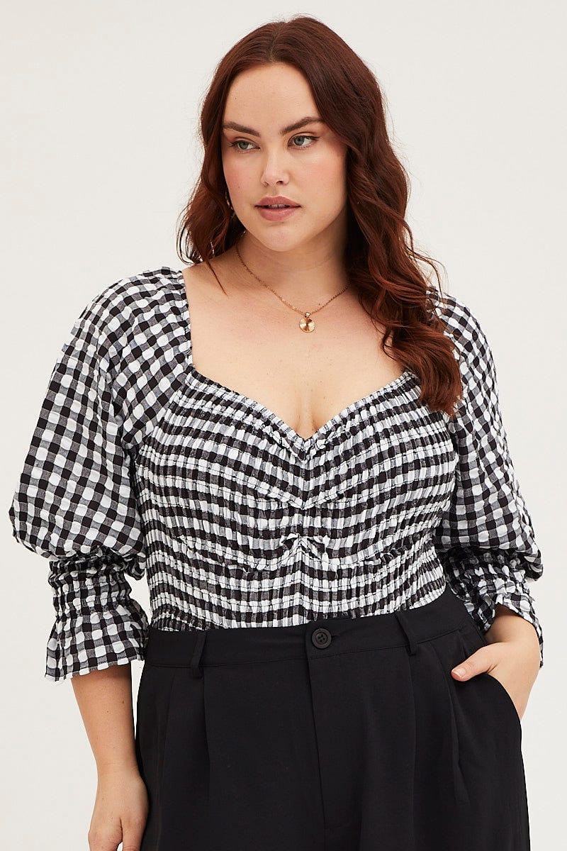 Check 3/4 Sleeve Gingham Check Shirred Bodysuit For Women By You And All