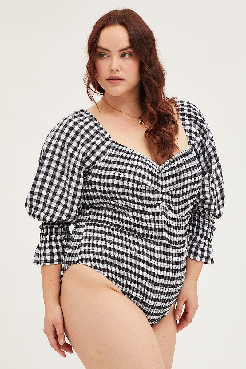 Check 3/4 Sleeve Gingham Check Shirred Bodysuit For Women By You And All