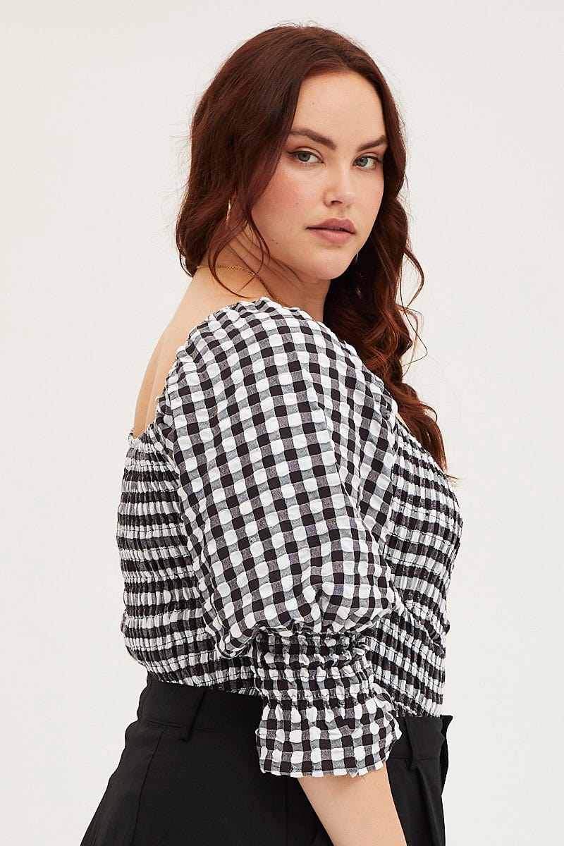 Check 3/4 Sleeve Gingham Check Shirred Bodysuit For Women By You And All