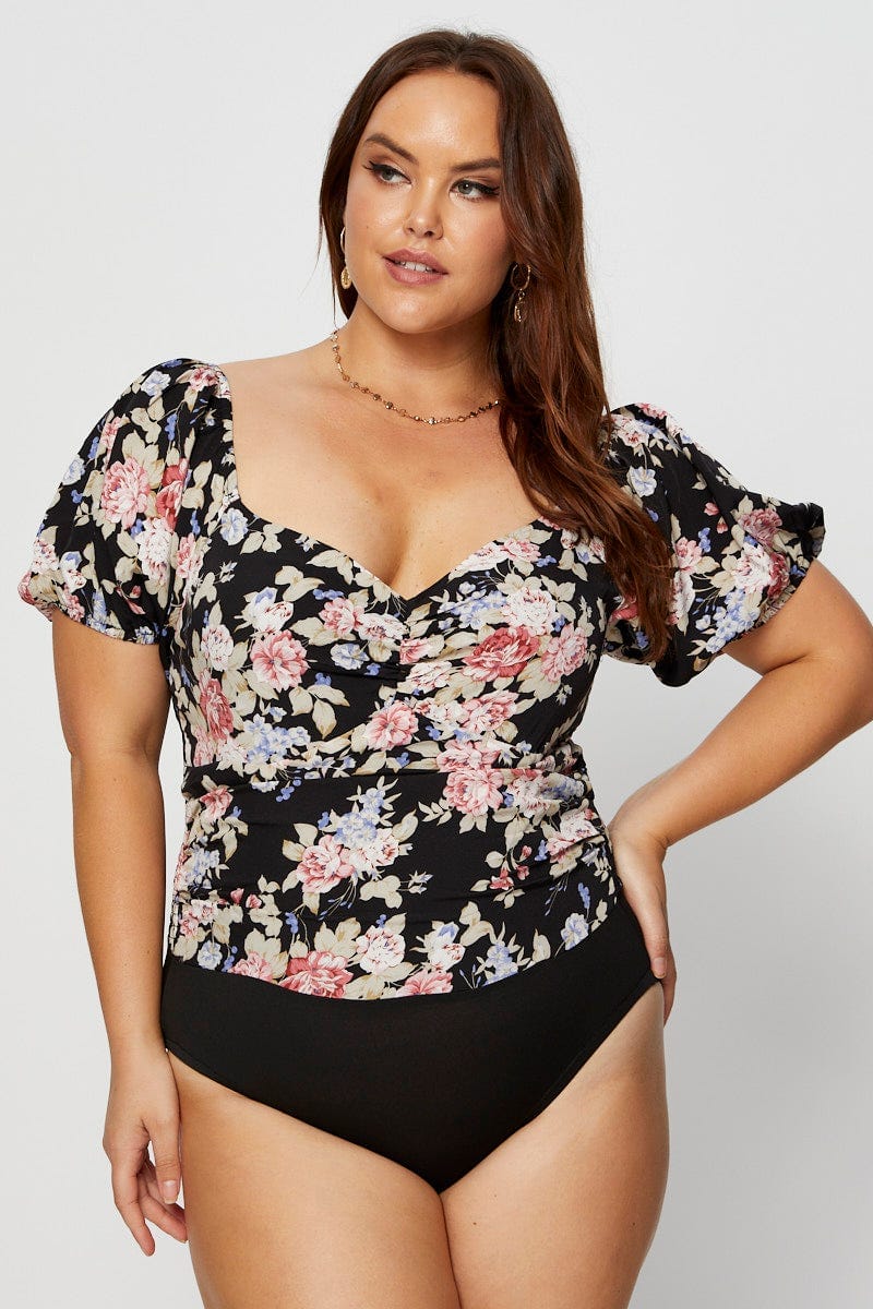 Floral Prt Ruched Bodysuit Short Sleeve For Women By You And All
