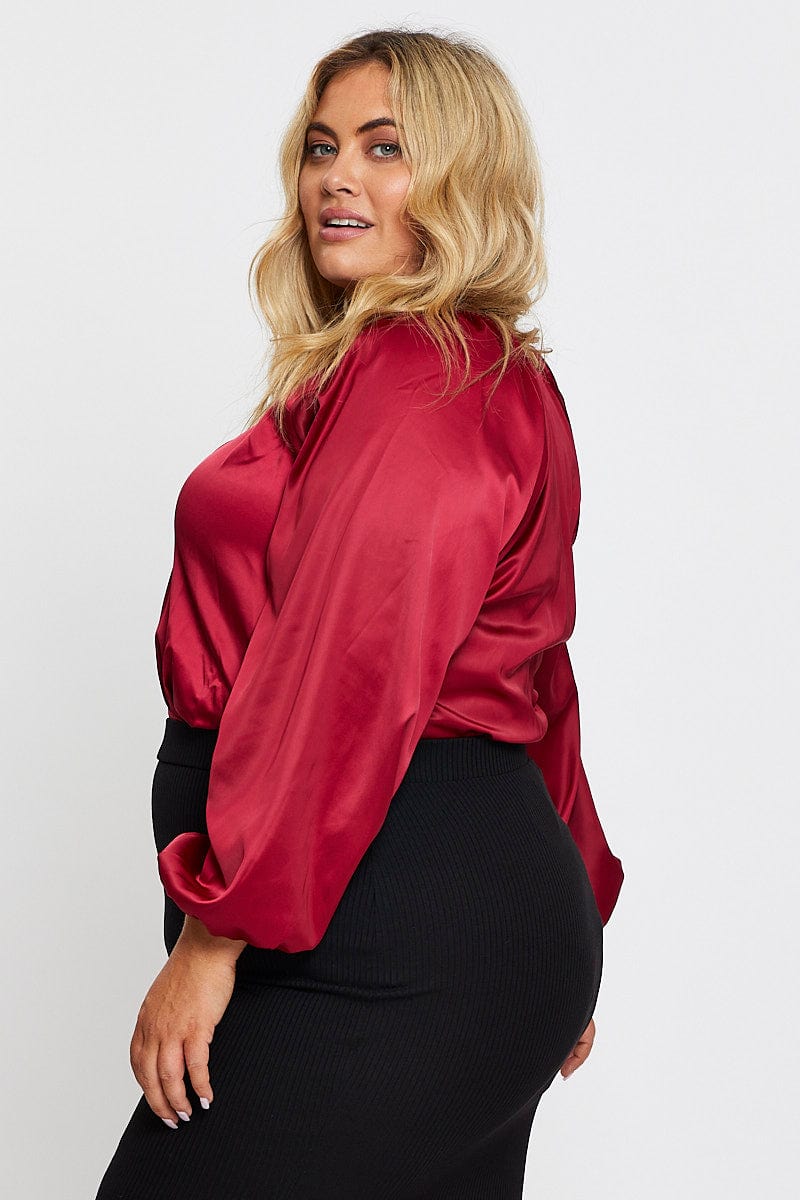 Red Long Sleeve Deep V Neck Bodysuit